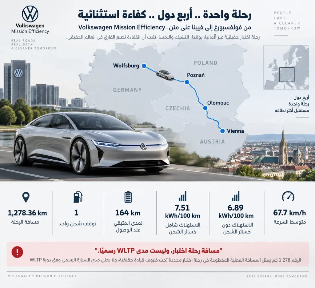 خريطة رحلة Volkswagen Mission Efficiency لمسافة 1,278 كم بتوقف شحن واحد