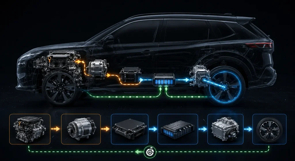 مخطط يوضح كيفية عمل نظام نيسان e-POWER من محرك البنزين إلى المحركات الكهربائية التي تدفع العجلات