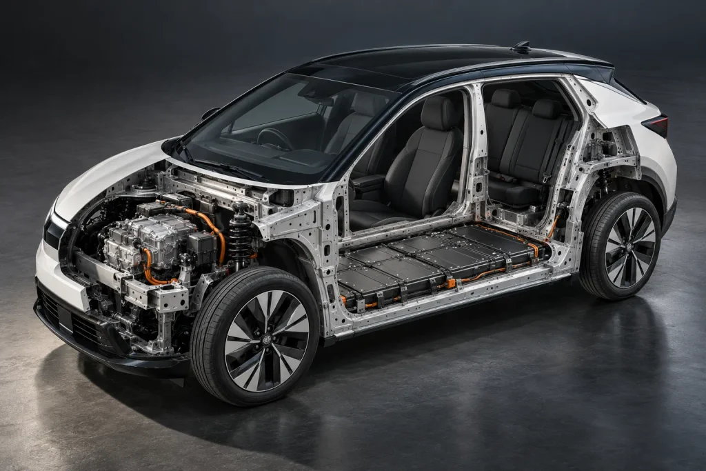 رسم تقني مقطعي لسيارة Nissan Leaf يوضح بطارية الدفع الكهربائية المدمجة أسفل أرضية السيارة