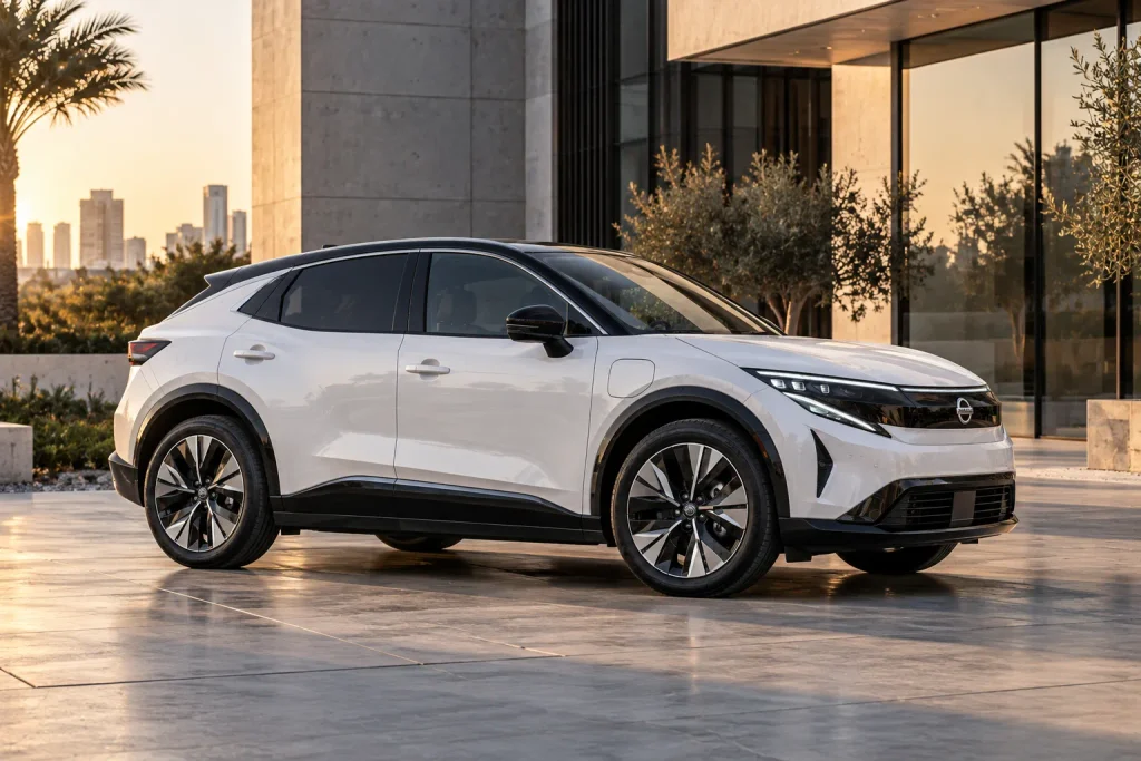 منظر جانبي لـ Nissan Leaf يبرز التصميم الانسيابي وهيكل الكروس أوفر