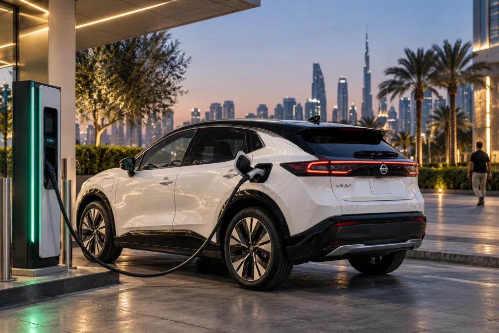 سيارة Nissan Leaf متوقفة ومتّصلة بشاحن سريع للسيارات الكهربائية