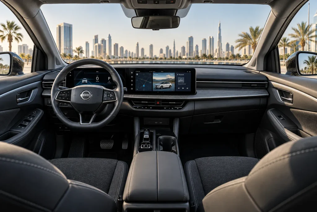 منظر داخلي لمقصورة Nissan Leaf يوضح لوحة القيادة الرقمية والشاشات ونظام التحكم الحديث
