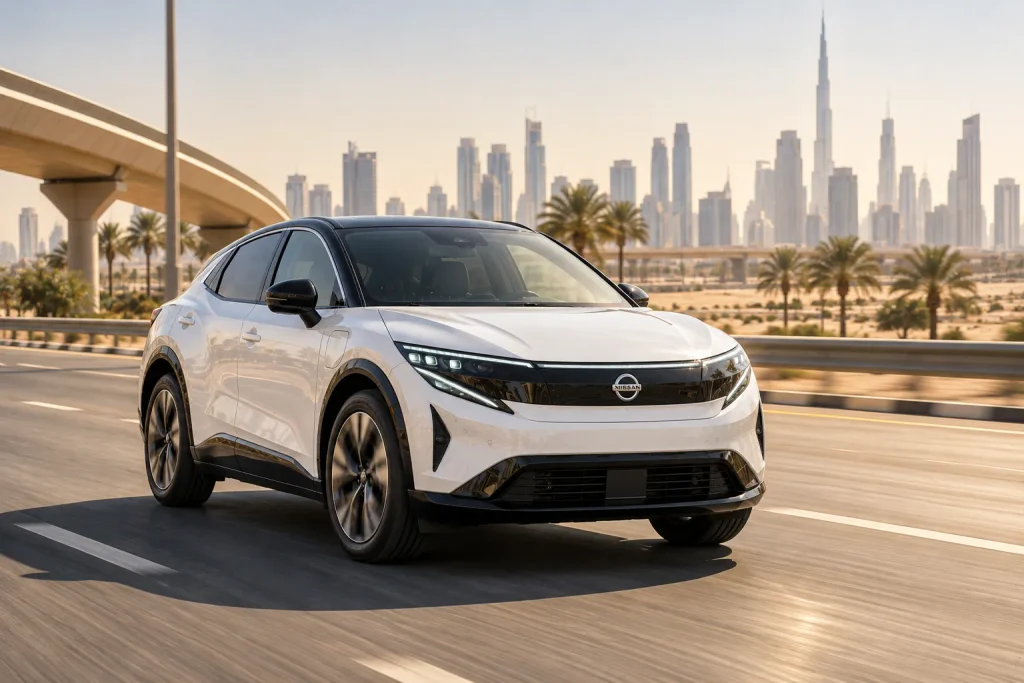 سيارة Nissan Leaf أثناء القيادة على طريق حديث في أجواء صيفية حارة بالشرق الأوسط