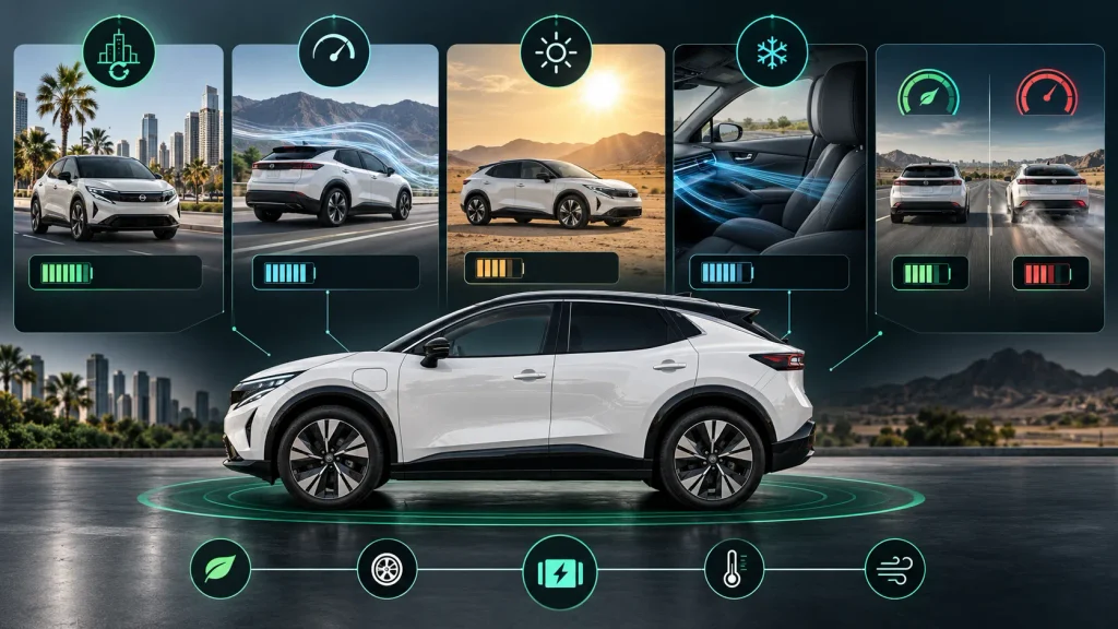 إنفوجرافيك يوضح العوامل المؤثرة في مدى القيادة الفعلي لسيارة Nissan Leaf مثل السرعة والحرارة واستخدام المكيف
