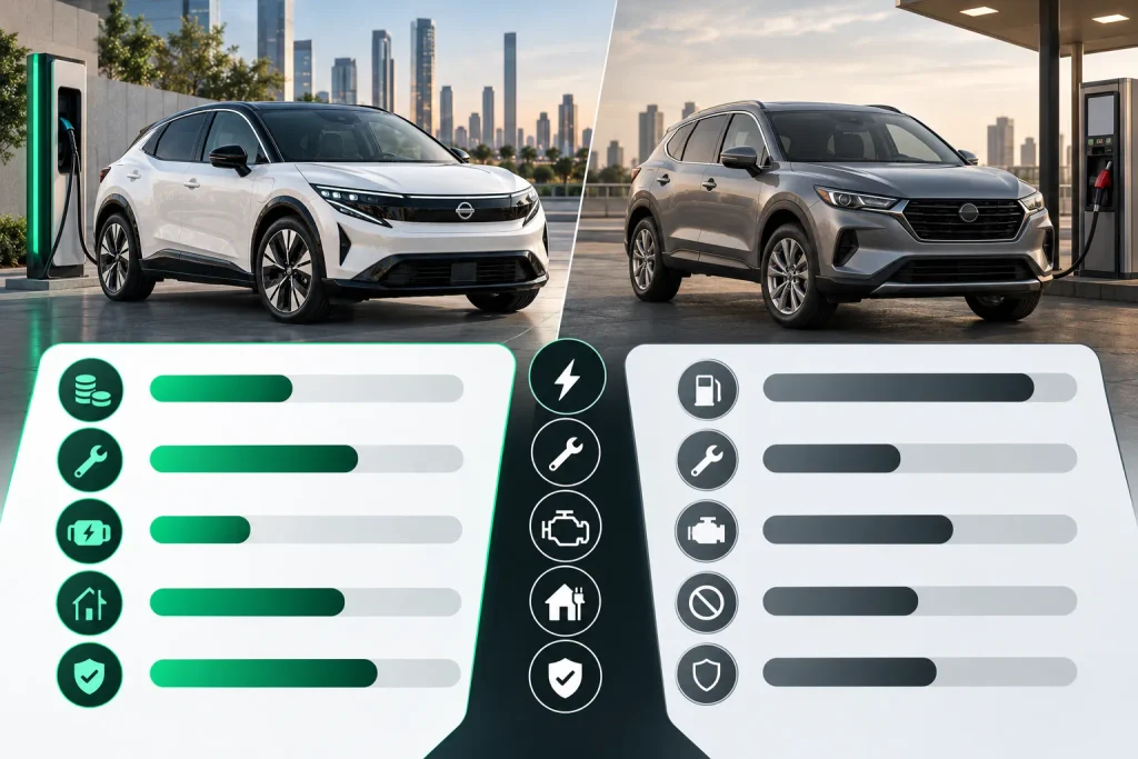 إنفوجرافيك يقارن عناصر تكلفة تشغيل Nissan Leaf الكهربائية بسيارة كروس أوفر تعمل بالبنزين
