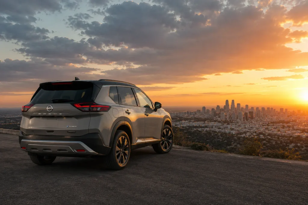 نيسان روج e-POWER في مشهد غروب يبرز تصميم سيارة SUV الهجينة الجديدة