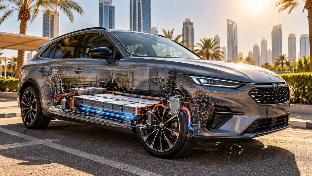 سيارة PHEV في أجواء خليجية حارة مع توضيح أهمية الإدارة الحرارية للبطارية