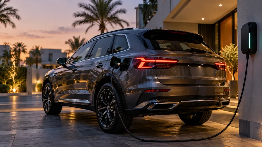 سيارة PHEV متصلة بالشاحن أثناء الاستخدام اليومي في المنزل