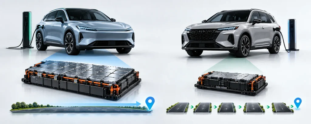 مقارنة بصرية بين بطارية سيارة PHEV وبطارية سيارة كهربائية EV