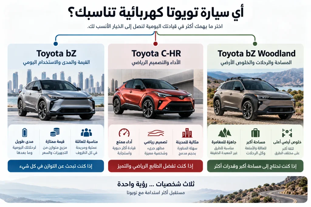 دليل اختيار أفضل سيارة كهربائية من تويوتا بين bZ وC-HR وbZ Woodland 2027