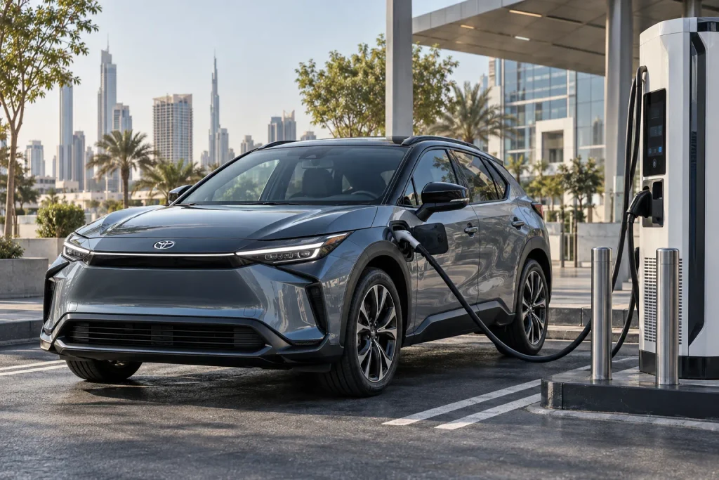 سيارة Toyota bZ أثناء الشحن السريع بالتيار المستمر