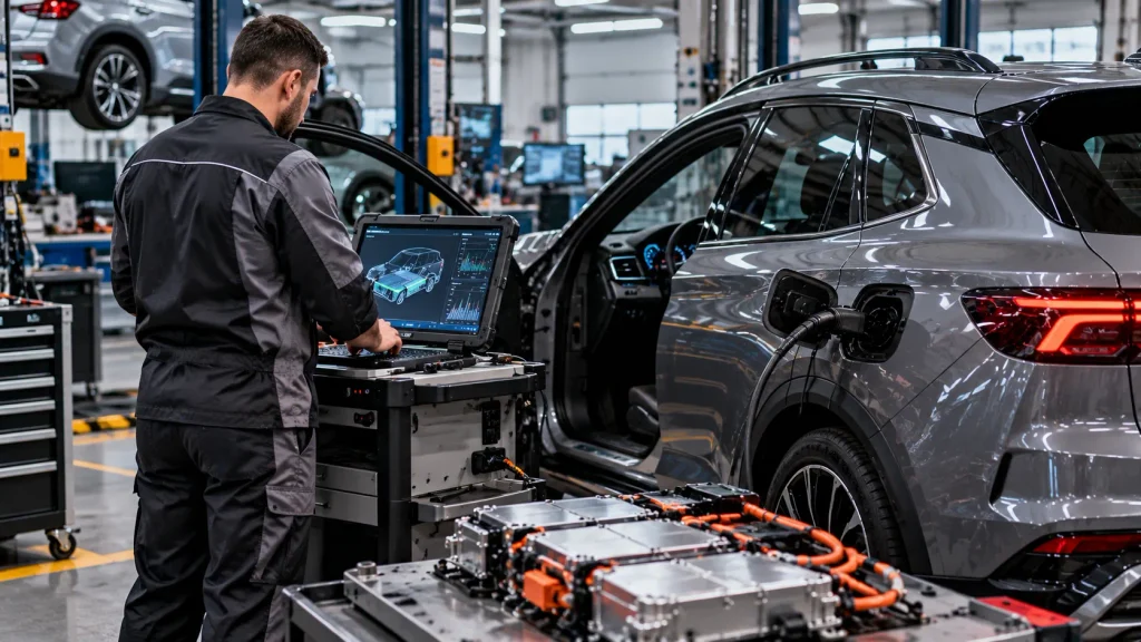 فني يفحص صحة بطارية سيارة PHEV مستعملة باستخدام جهاز تشخيص متخصص