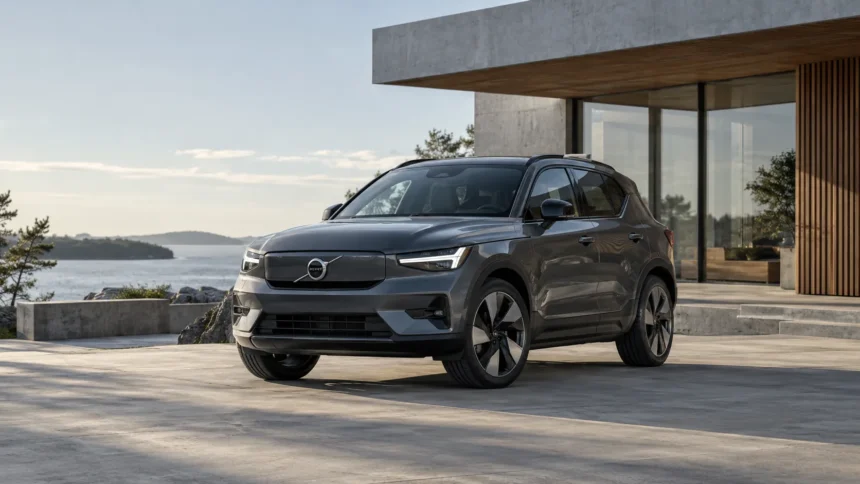 فولفو EX40 الكهربائية بتصميم SUV عصري من الأمام بزاوية ثلاثية الأرباع