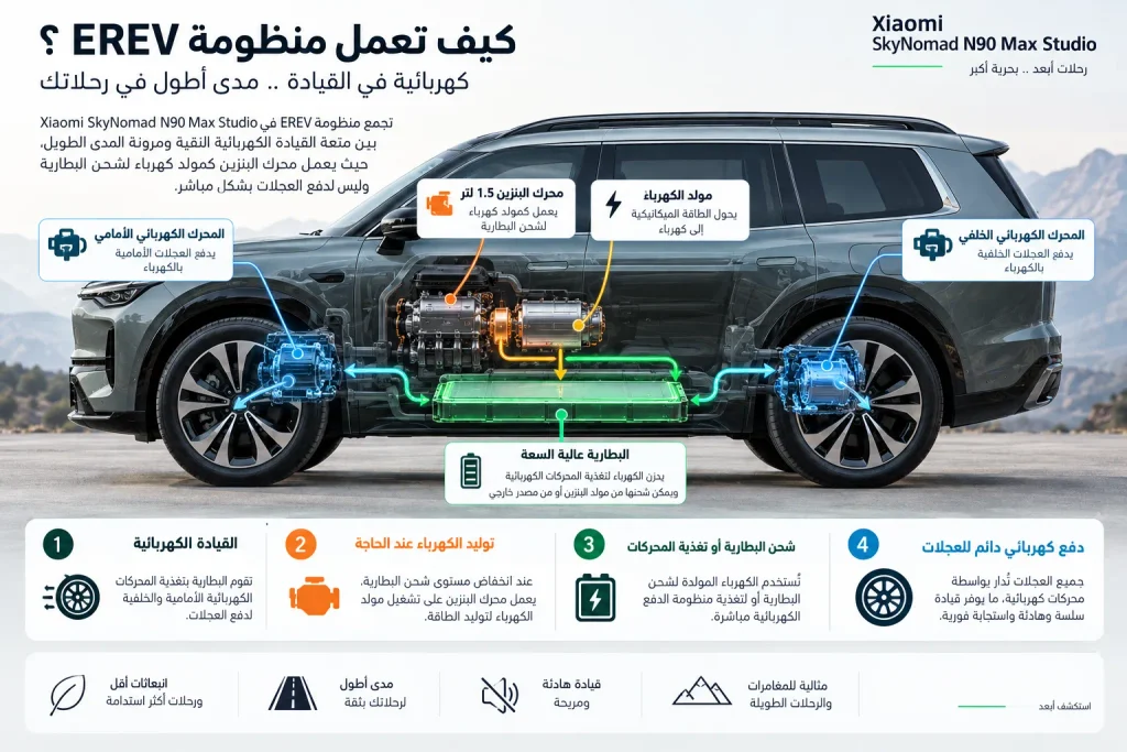 مخطط يوضح طريقة عمل منظومة EREV في SkyNomad N90 Max Studio