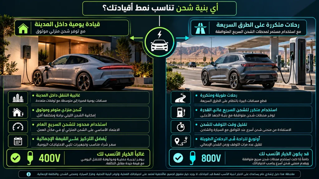 دليل بصري لاختيار منصة 800 فولت أو 400 فولت بحسب نمط القيادة والشحن.
