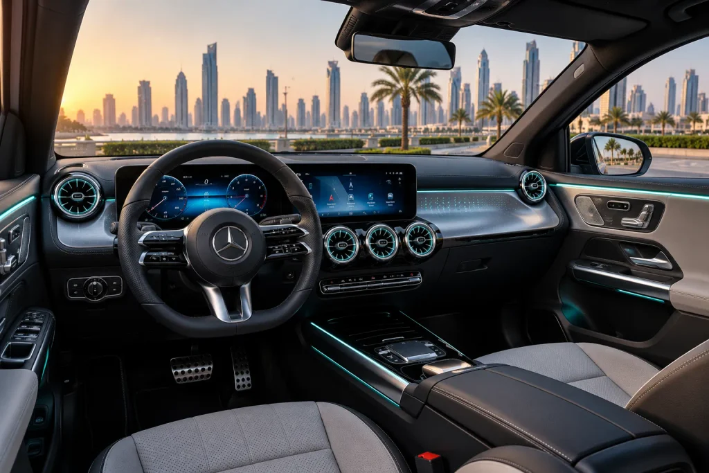 مقصورة Mercedes-Benz EQA الداخلية مع شاشة MBUX والتقنيات الرقمية والإضاءة المحيطية