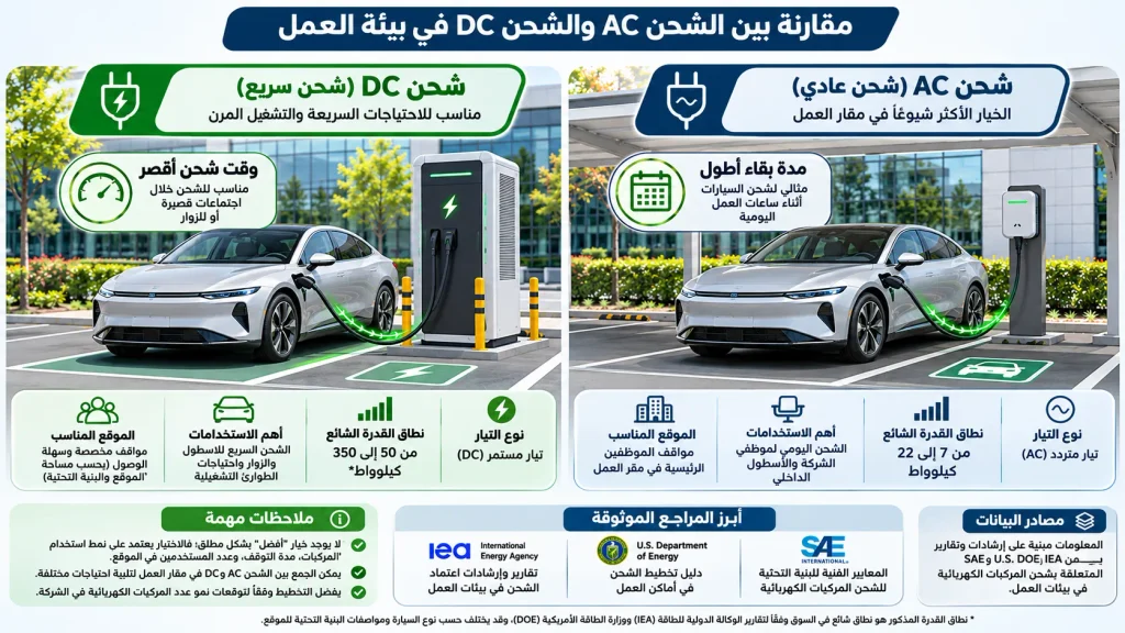 رسم مقارن يوضح شاحن AC المناسب عادةً لوقوف السيارة لساعات وشاحن DC السريع للمواقف ذات الحاجة إلى شحن أسرع.