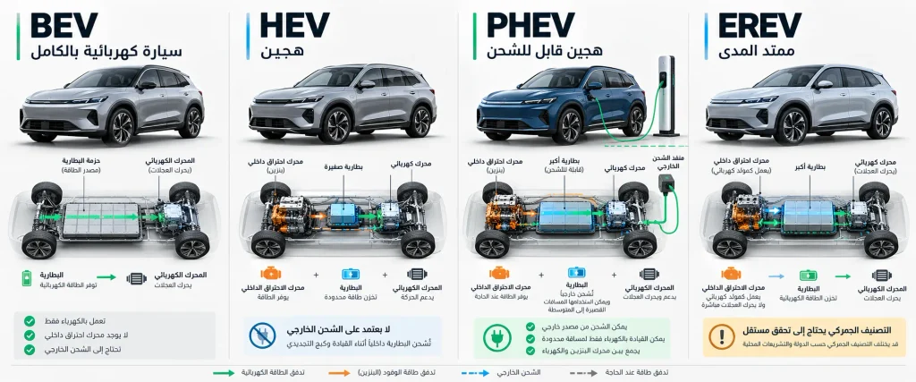 مقارنة بين السيارات الكهربائية بالكامل والهجينة والقابلة للشحن