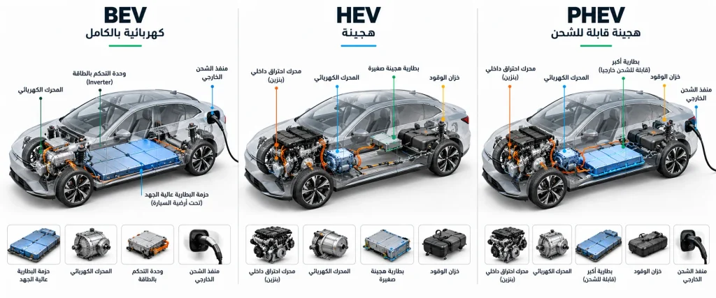 مقارنة تقنية بين أنظمة الدفع BEV وHEV وPHEV