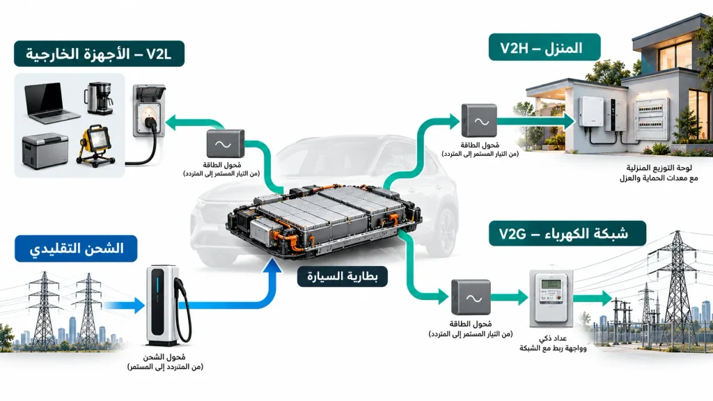 مخطط توضيحي لمسارات انتقال الكهرباء بين بطارية السيارة الكهربائية والأجهزة الخارجية والمنزل وشبكة الكهرباء.