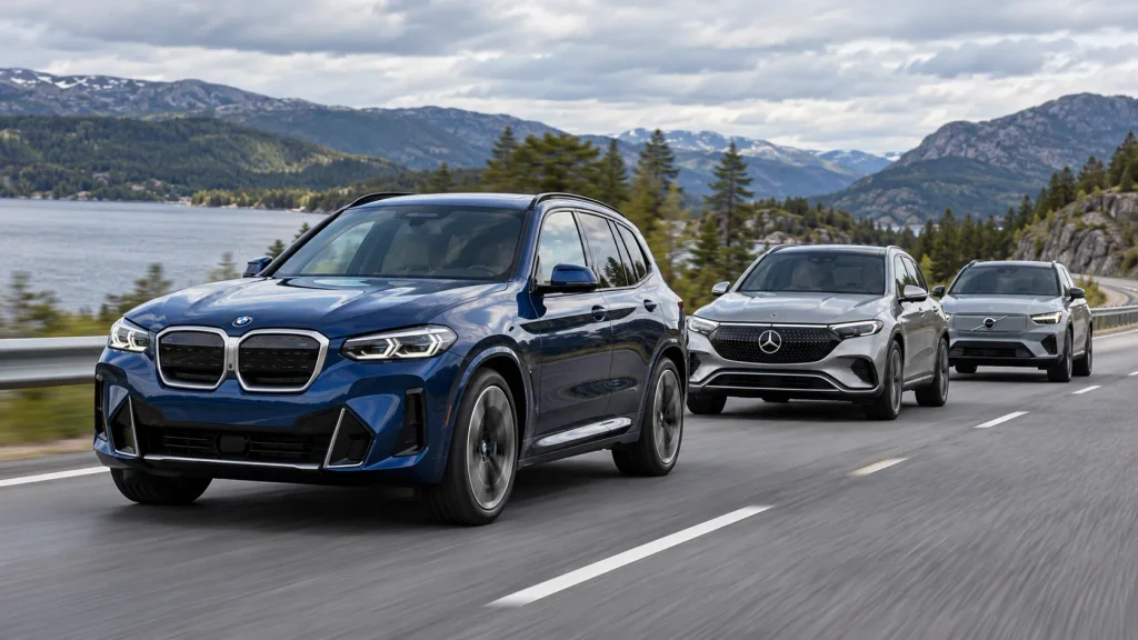 مقارنة BMW iX3 ومرسيدس GLC الكهربائية وفولفو EX60 أثناء القيادة على طريق سريع.