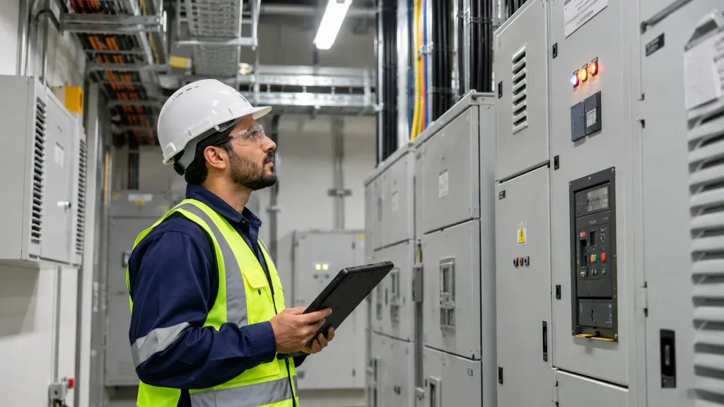 مهندس كهربائي يفحص لوحة التوزيع الكهربائية لتقييم جاهزية المبنى لتركيب شواحن السيارات الكهربائية.