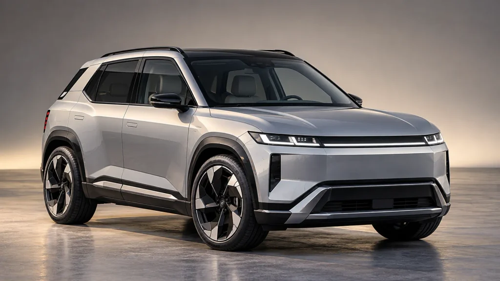 تصوّر مفاهيمي لسيارة SUV كهربائية مدمجة بتصميم مرتفع وعملي.