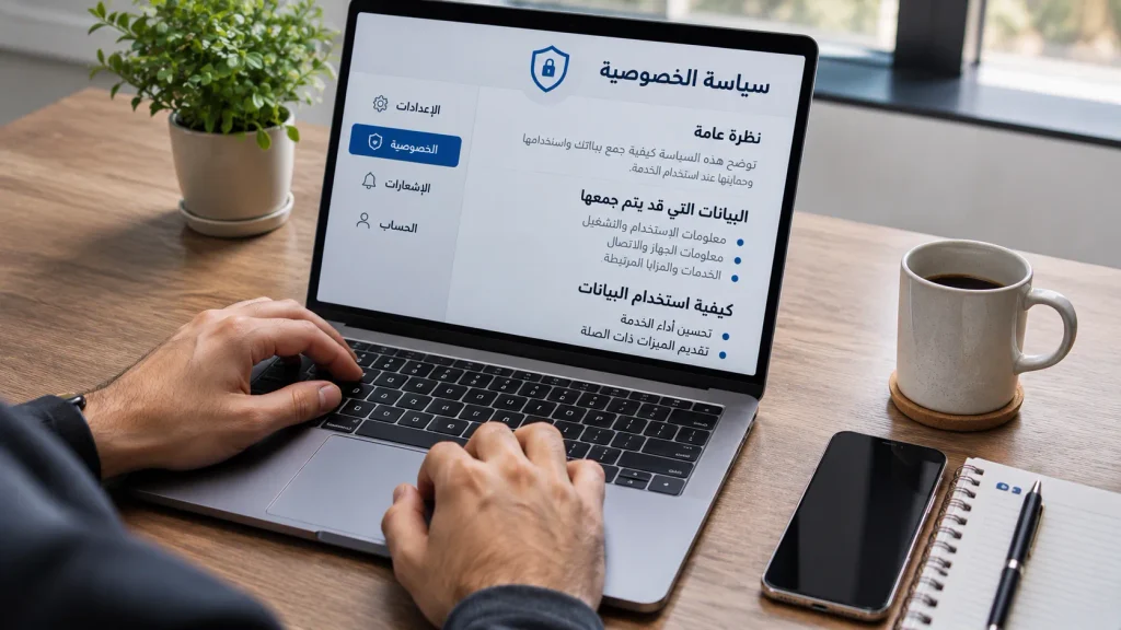 مراجعة شروط الخصوصية وإعدادات الخدمات الرقمية باستخدام حاسوب وهاتف ذكي.
