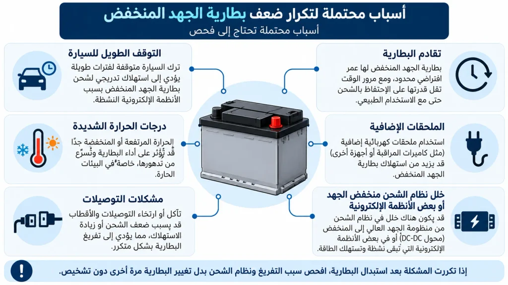 مخطط يوضح الأسباب المحتملة لتكرار ضعف بطارية 12 فولت.