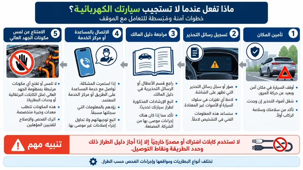مخطط خطوات التعامل الآمن مع عدم استجابة السيارة الكهربائية.