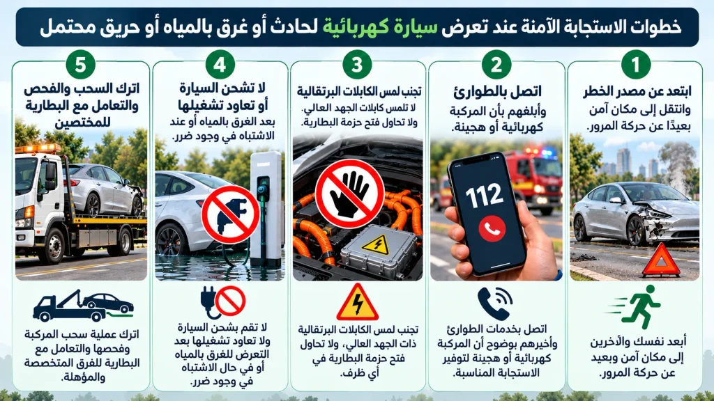إنفوجرافيك يوضح خطوات السلامة عند حادث سيارة كهربائية أو غمرها بالمياه أو تصاعد الدخان.