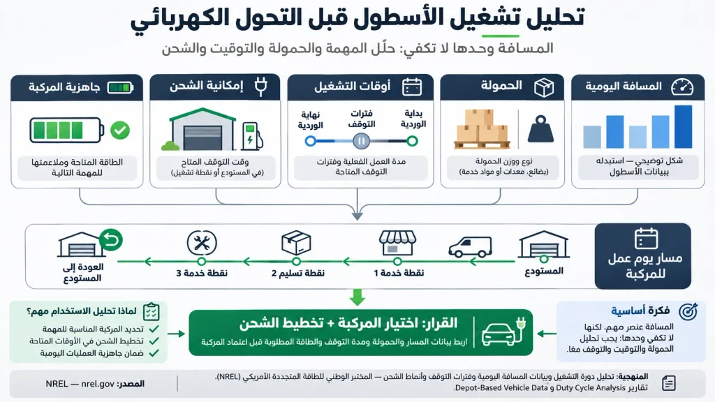 مخطط يوضح تحليل المسافة اليومية والحمولة والورديات وأوقات التوقف لتحديد احتياجات الأسطول الكهربائي.