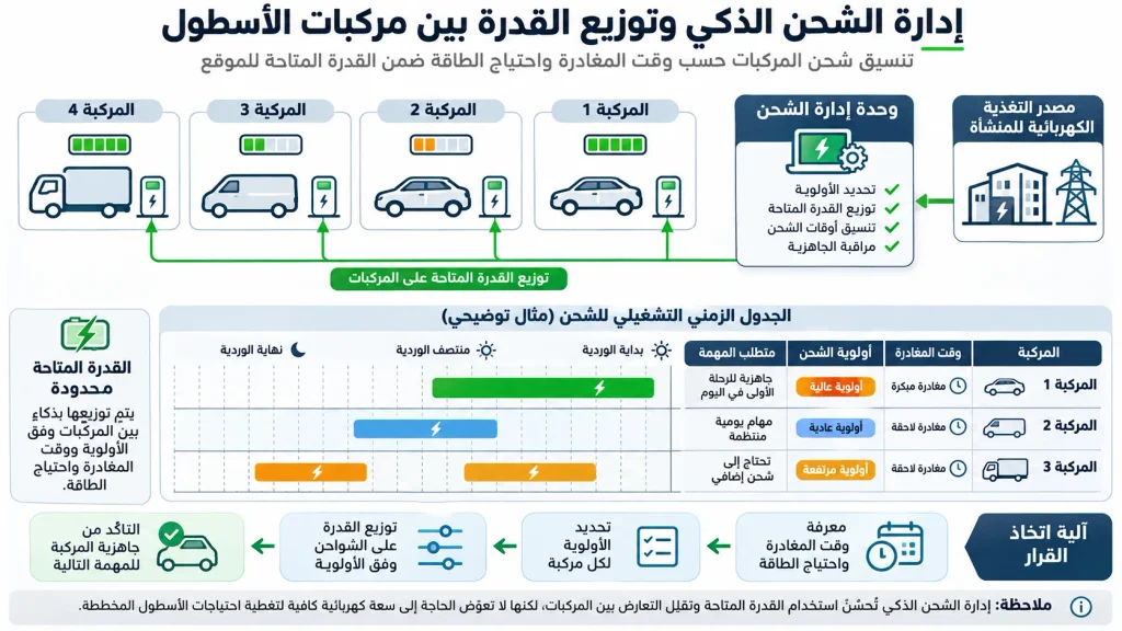 مخطط لإدارة شحن الأسطول يوضح توزيع القدرة الكهربائية حسب أوقات مغادرة المركبات واحتياجاتها التشغيلية.