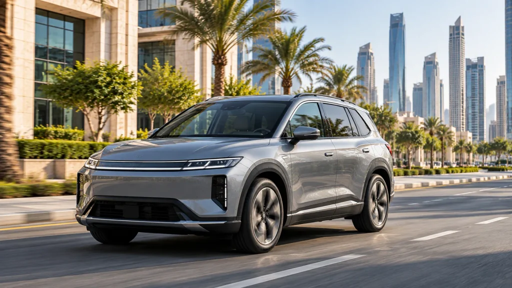 سيارة SUV كهربائية تسير في طريق حضري حديث في أجواء الشرق الأوسط.