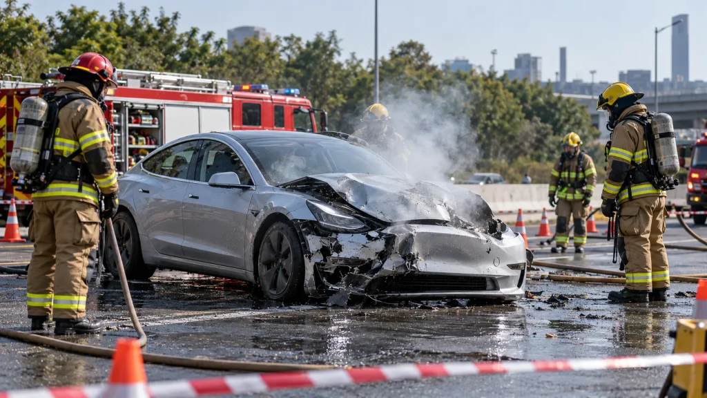 فرق إطفاء مدربة تتعامل مع حادث سيارة كهربائية ضمن منطقة عزل آمنة.