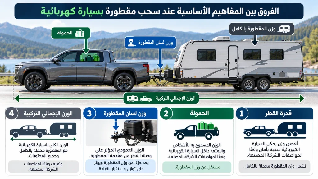 مخطط يوضح قدرة القطر وحمولة السيارة ووزن لسان المقطورة والوزن الإجمالي للتركيبة.