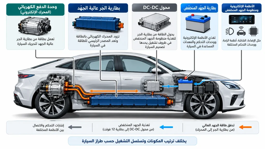 مخطط يوضح العلاقة بين بطارية 12 فولت وبطارية الجر ومحول DC-DC.