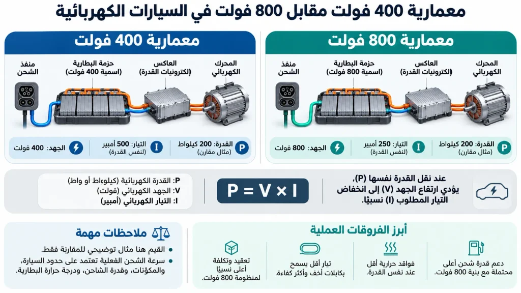 مقارنة توضيحية بين معمارية 400 فولت و800 فولت في السيارات الكهربائية وتأثير الجهد والتيار في نقل القدرة.