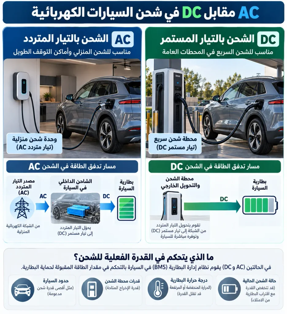 رسم توضيحي يقارن بين الشحن بالتيار المتردد AC والشحن السريع بالتيار المستمر DC في السيارات الكهربائية