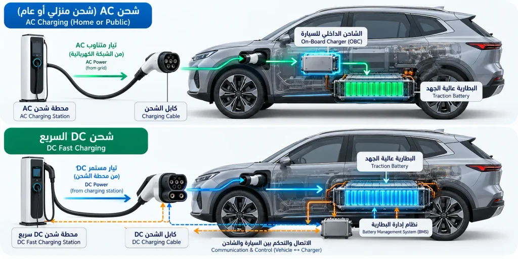 مخطط يوضح الفرق بين شحن السيارات الكهربائية AC وDC