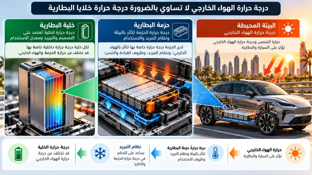 مخطط يوضح الفرق بين حرارة البيئة وحزمة البطارية وخلية البطارية