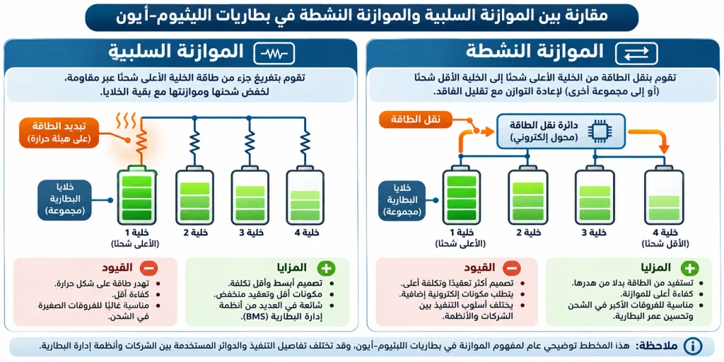 مخطط تقني يوضح اختلاف جهد خلايا البطارية ومبدأ الموازنة بين الخلايا في السيارات الكهربائية.