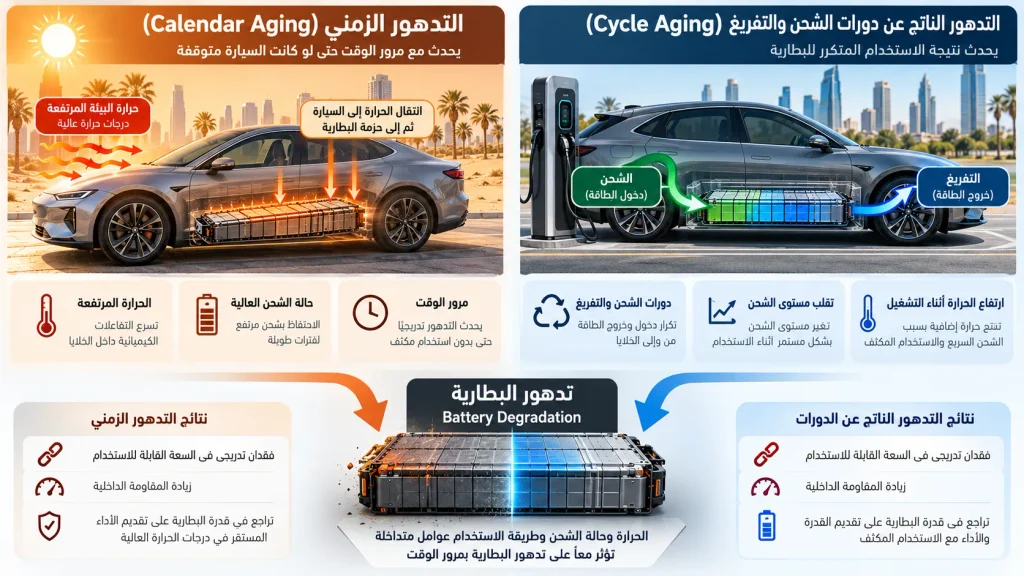 مخطط يوضح الفرق بين التدهور أثناء الاستخدام والتدهور أثناء توقف السيارة