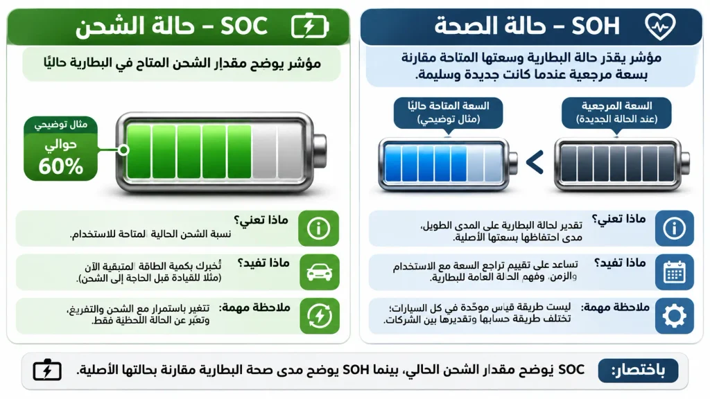 إنفوجرافيك يوضح الفرق بين نسبة شحن البطارية SOC وحالة صحتها SOH في السيارة الكهربائية.