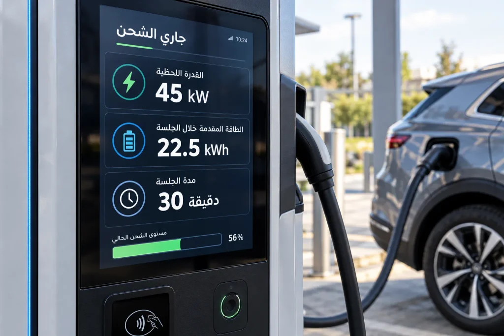 شاشة محطة شحن سيارة كهربائية تعرض القدرة اللحظية بالكيلوواط والطاقة المقدمة بالكيلوواط ساعة ومدة جلسة الشحن