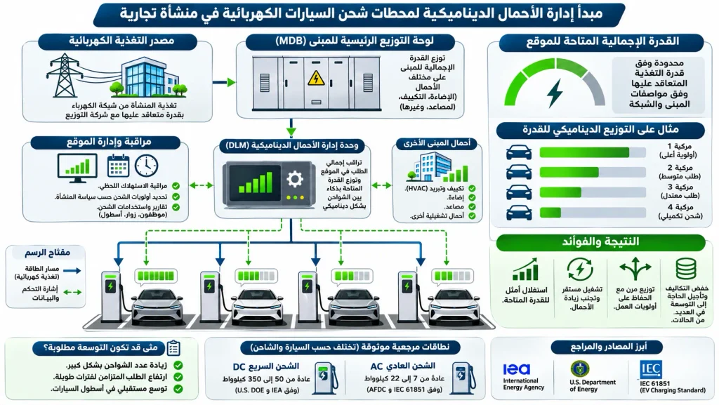 مخطط يوضح نظام إدارة الأحمال الذي يوزع القدرة الكهربائية المتاحة بين عدة شواحن سيارات كهربائية داخل مقر العمل.