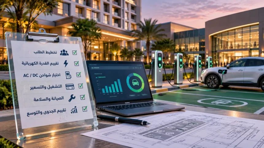 تخطيط مشروعات شحن السيارات الكهربائية في الفنادق والمراكز التجارية مع شواحن ومركبة كهربائية ومخطط لتقييم الجدوى والتشغيل.