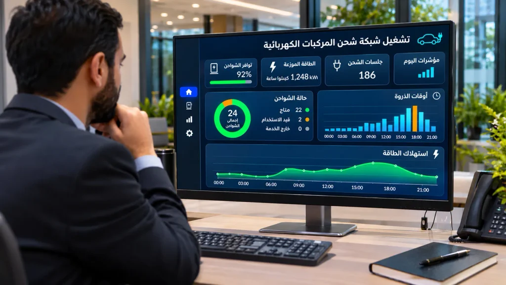 مسؤول تشغيل يراجع بيانات استخدام شواحن السيارات الكهربائية ومعدلات الطاقة وأوقات الذروة على لوحة مراقبة.