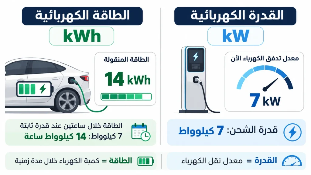 إنفوجرافيك يوضح الفرق بين قدرة الشحن بالكيلوواط والطاقة الكهربائية المستهلكة بالكيلوواط ساعة.