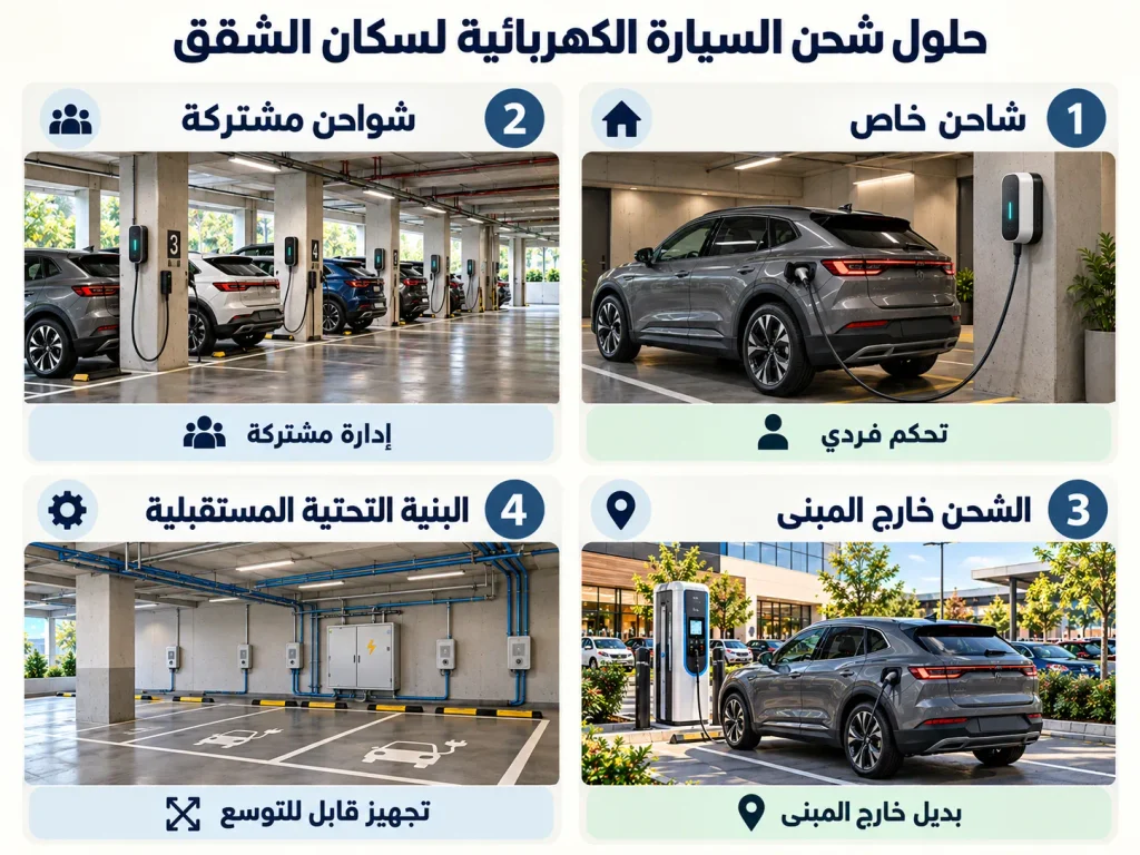 إنفوجراف يوضح أربعة حلول لشحن السيارة الكهربائية لسكان الشقق: الشاحن الخاص والمشترك والمحطات العامة وتجهيز البنية التحتية